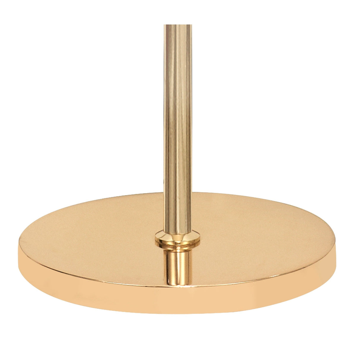 A close-up of the Coniston 3 Light Crystal Floor Lamp in French Gold shows its round metal base with a central vertical pole, set against a white background.