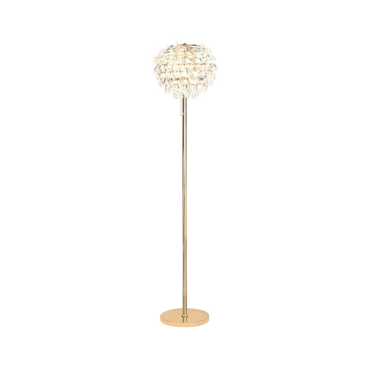 The Coniston 3 Light Crystal Floor Lamp in French Gold features a tall design with a round base and a decorative, textured lampshade of overlapping crystal petals—ideal for luxury lighting.