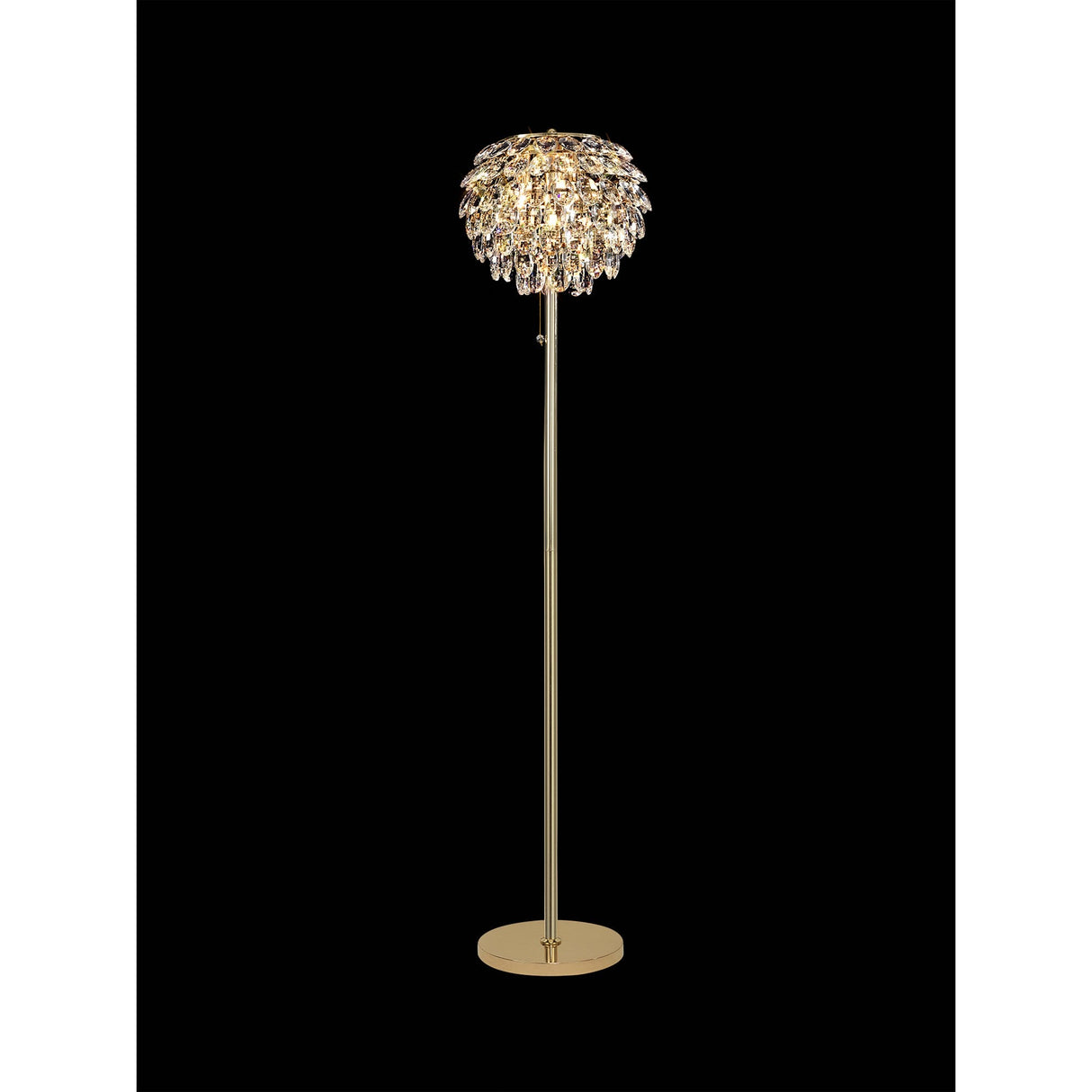 The Coniston 3 Light Crystal Floor Lamp in French Gold features a round base and a layered crystal-effect shade, casting a warm glow—ideal for adding luxury lighting to any space.