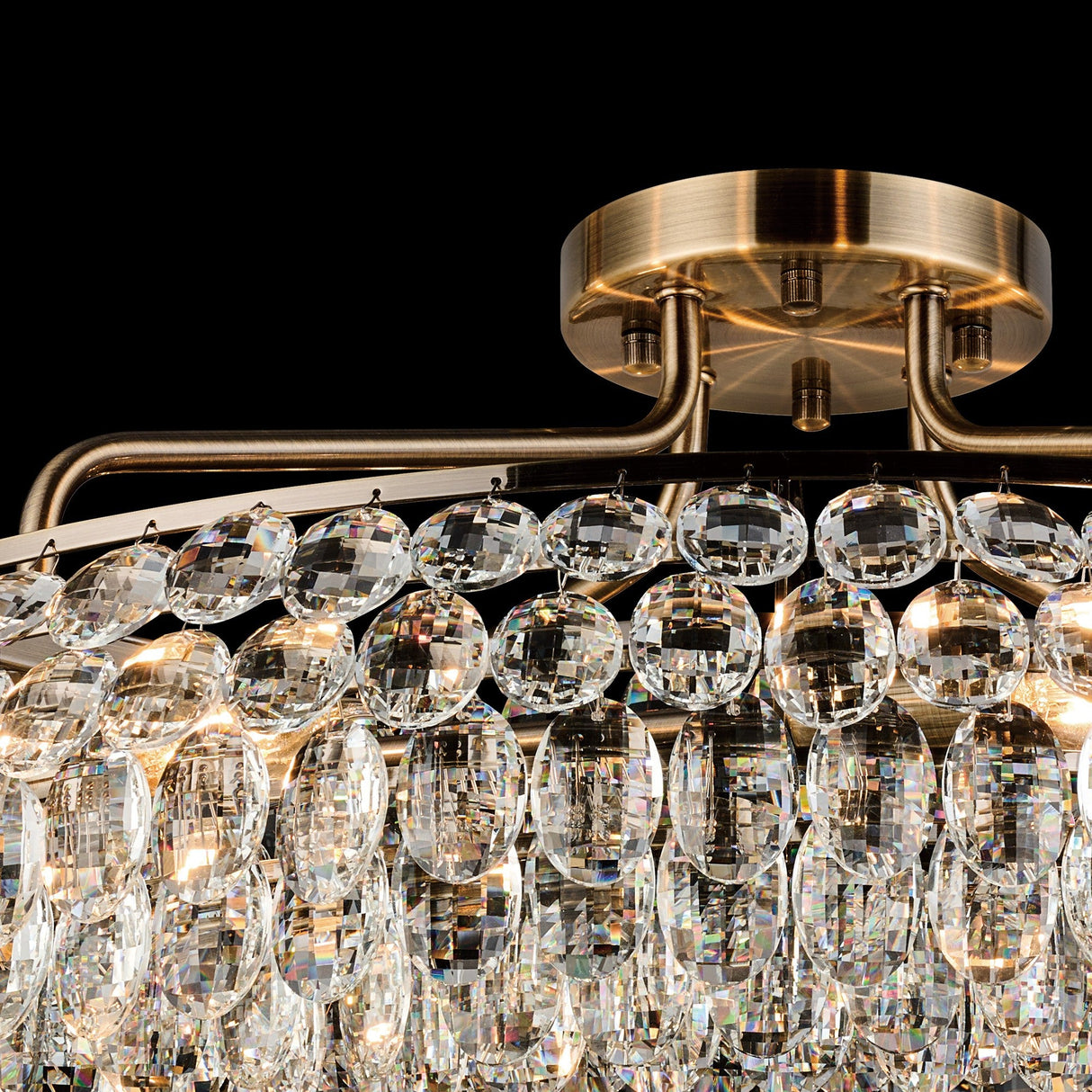 Coniston 18 Light Ring Crystal Semi-Flush Ceiling Light - Antique Brass