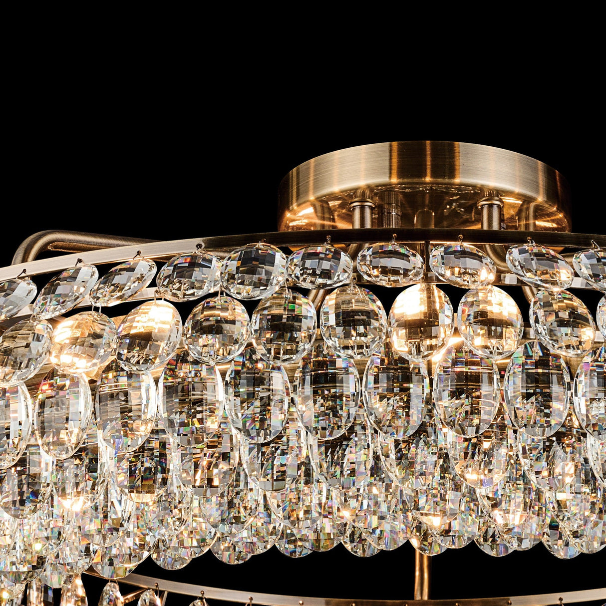 Coniston 4 Light Ring Crystal Semi-Flush Ceiling Light - Antique Brass