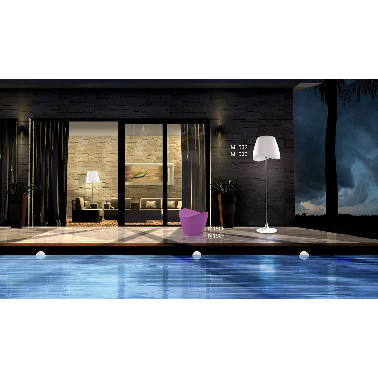 A modern poolside scene at dusk features the Cool 2 Light Outdoor Floor Lamp in matt white and opal white, a purple chair, and glass doors that reveal a stylish living room with another floor lamp and neutral decor.