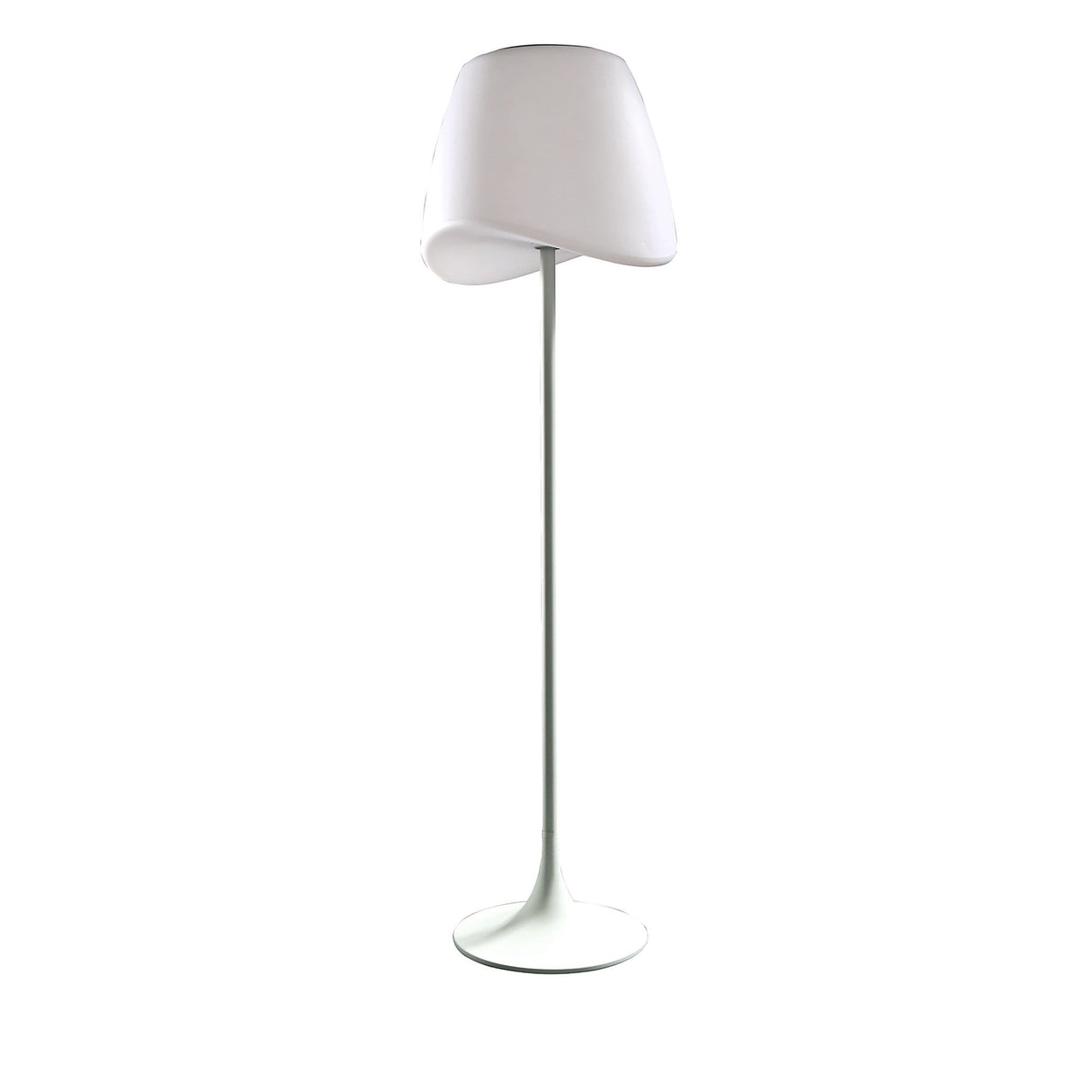 The Cool 2 Light Outdoor Floor Lamp in matt white and opal white features a slim, straight stand, a rounded asymmetric shade, and a circular base—ideal for adding modern style to your outdoor garden lighting.