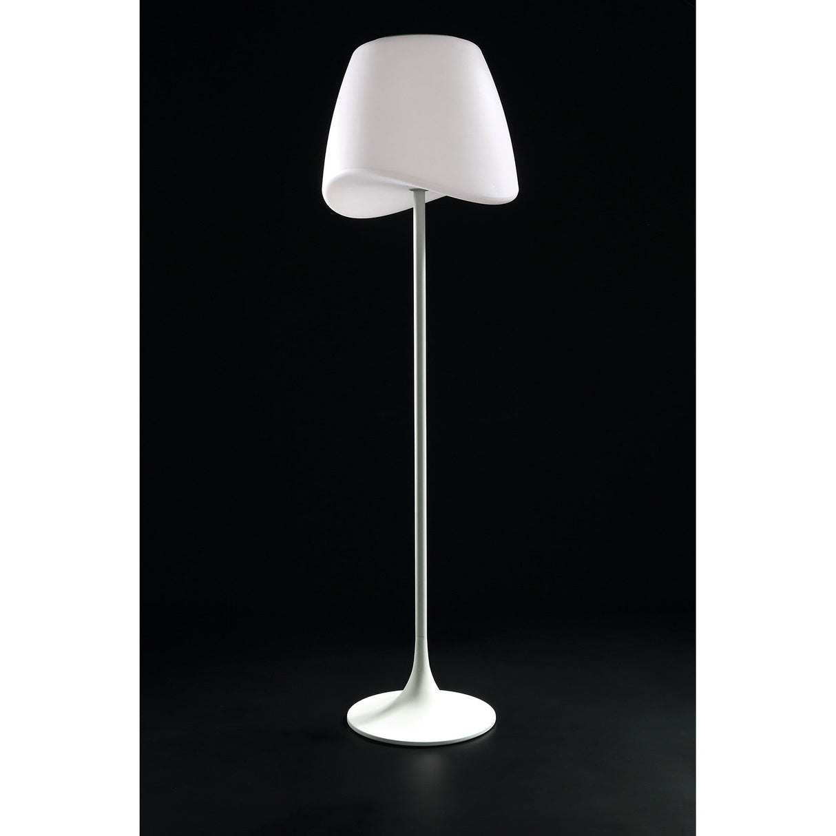 The Cool 2 Light Outdoor Floor Lamp in matt white and opal white features a curved, asymmetrical shade and slim stand, offering weather-resistant garden lighting that blends style with durability for any exterior.