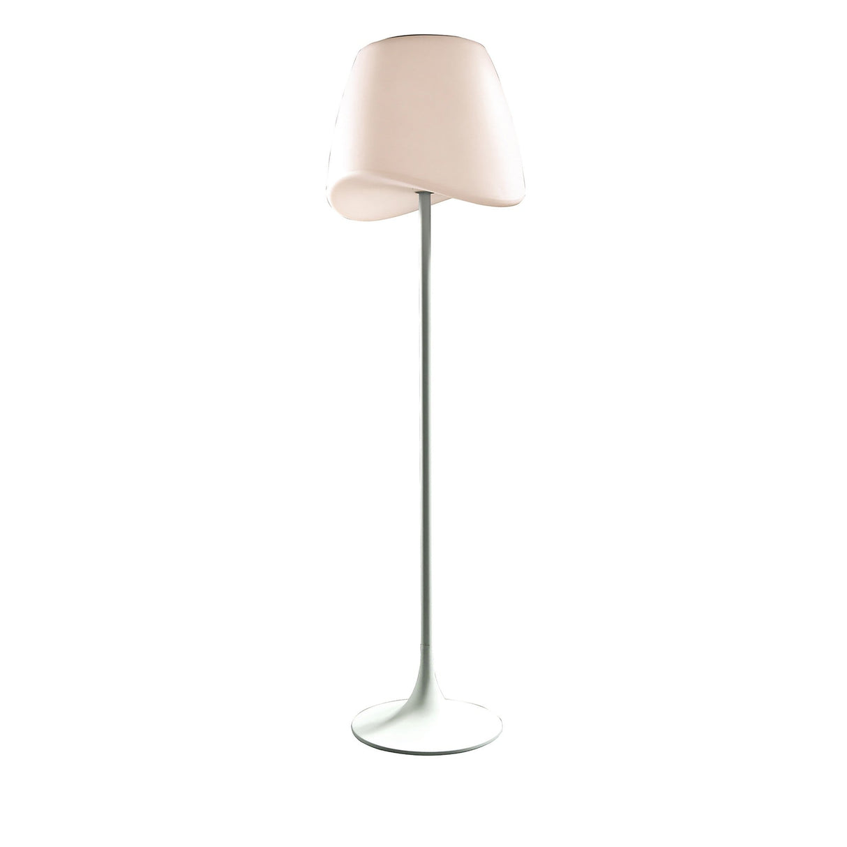 The Cool 2 Light Outdoor Floor Lamp in matt white and opal white features a slim, weather-resistant stand and a chic asymmetrical shade on a circular base, providing stylish garden lighting against a plain white background.