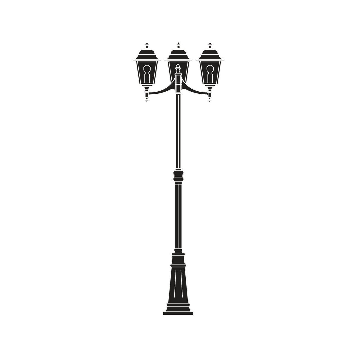 Coping cast aluminium outdoor lamp post in black with tall column and 3 lantern heads featuring domed tops and glass panes, shown on a plain white background.