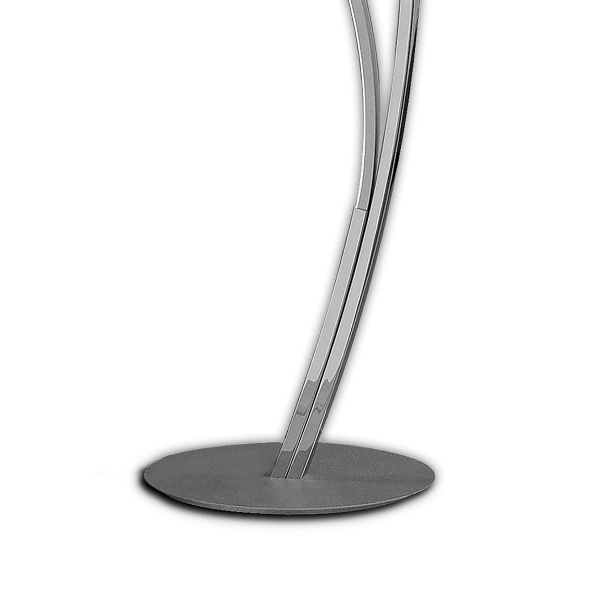 A close-up of the Corinto Dimmable LED Floor Lamp 30W 3000K - Chrome, showing its two curved metal poles and round flat base against a plain white background.