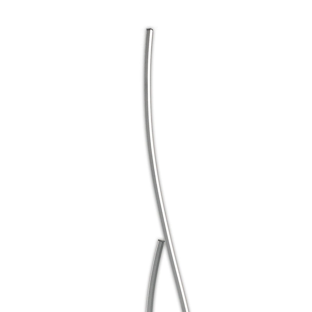 Two thin, curved chrome rods intersect near the base on a plain white background, echoing the sleek style of the Corinto Dimmable LED Floor Lamp 30W 3000K. The smooth, reflective rods slightly overlap for a modern look.