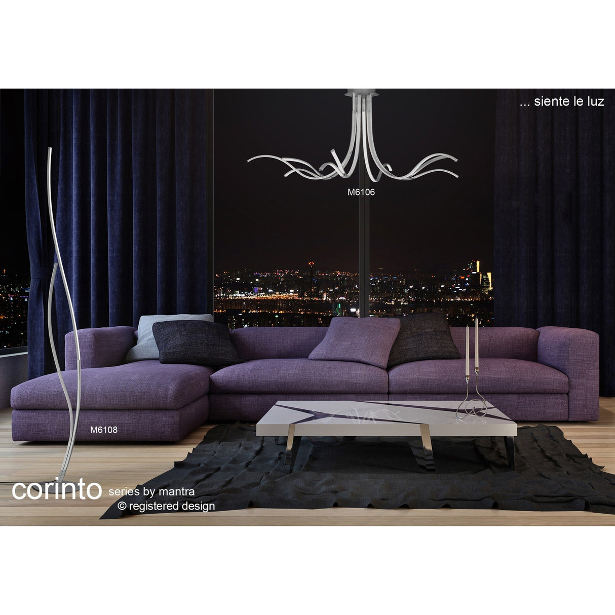 A modern living room features the Corinto Dimmable LED Floor Lamp 30W 3000K - Chrome, a purple sectional, black cushions, glass coffee table, and city skyline by night. Text: Corinto series by Mantra.