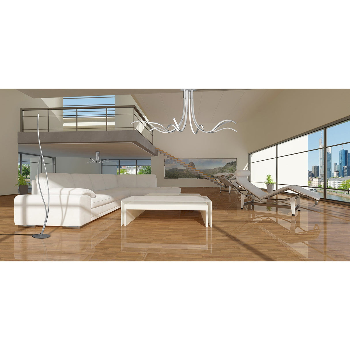 Spacious modern living room with large windows, white sectional sofa and coffee table, unique chandelier, two lounge chairs, city skyline view, mezzanine with railings, and the Corinto Dimmable LED Floor Lamp 30W 3000K - Chrome for stylish lighting.
