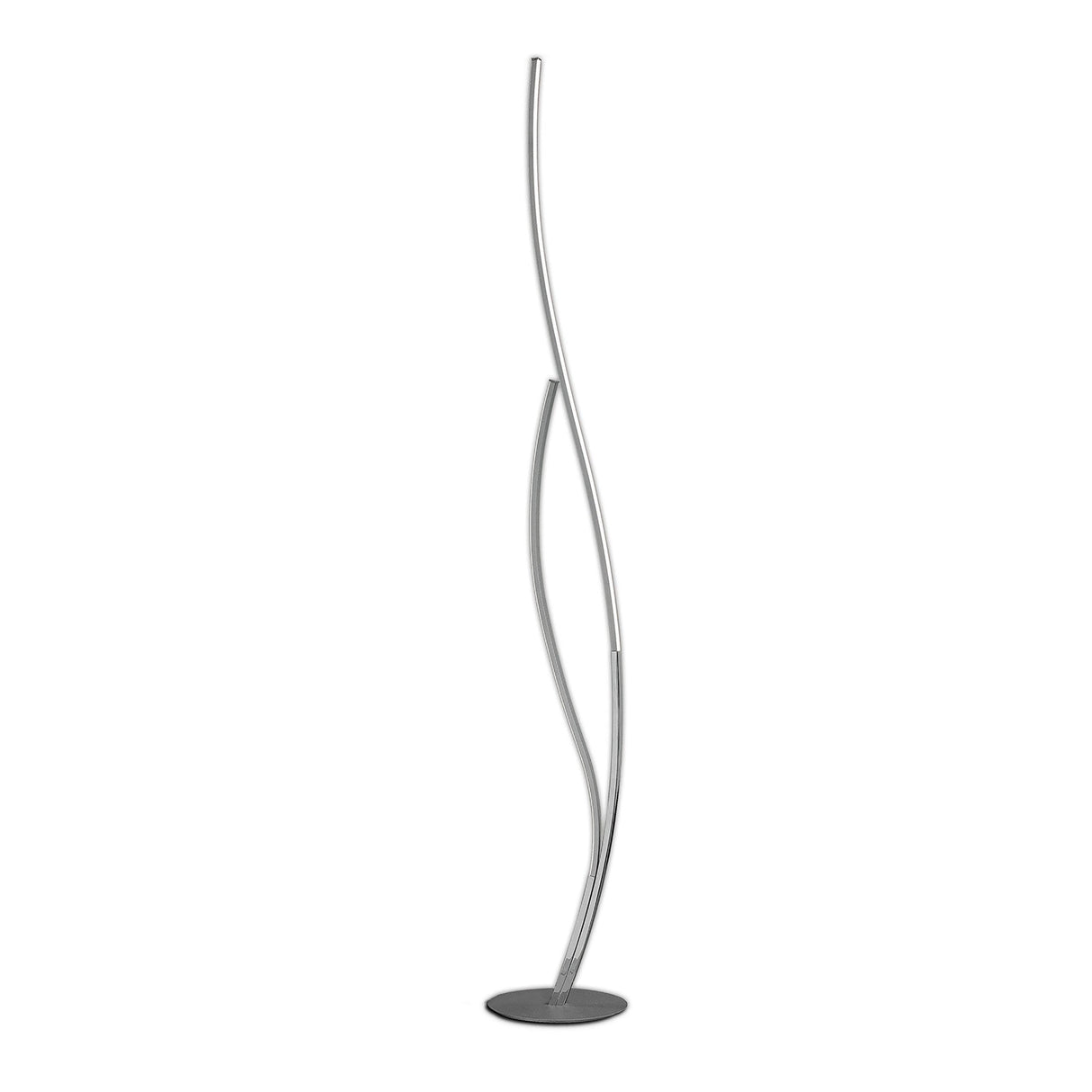 The Corinto Dimmable LED Floor Lamp 30W 3000K in chrome features two sleek, curved metallic rods rising from a round base—ideal for stylish modern interiors.