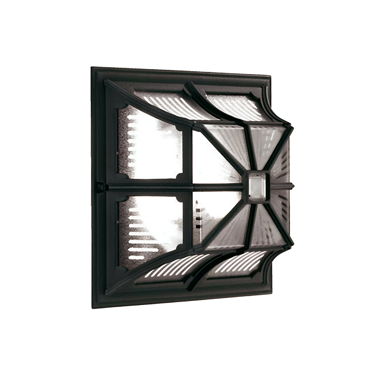 The Chapel 1 Light Outdoor Flush Light - Black features a square, wall-mounted design with a dark die-cast aluminum frame and frosted glass panels. It showcases geometric patterns with a central clear section and is IP44 rated for durability in various weather conditions.