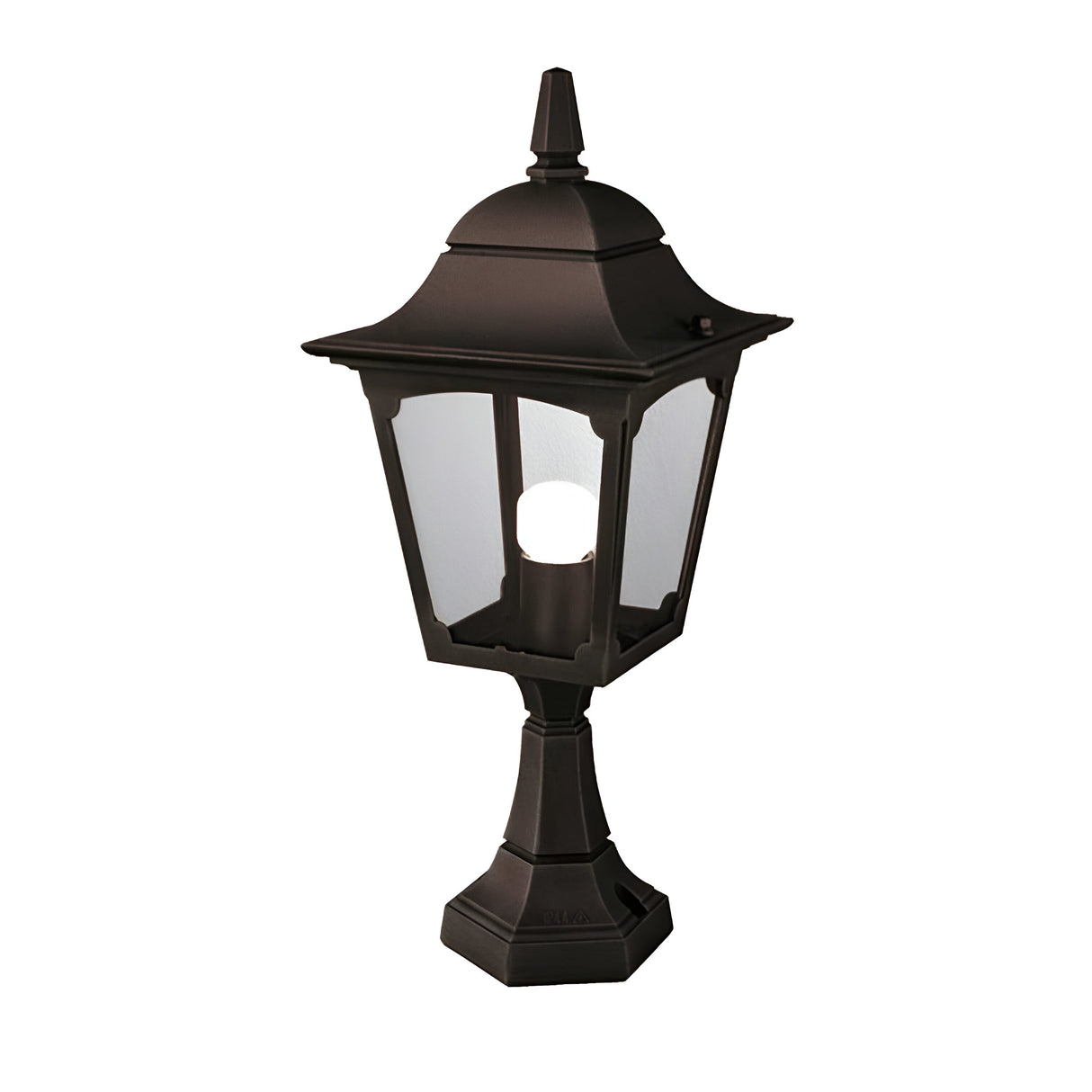 The Chapel 1 Light Outdoor Pedestal Lantern in black is crafted from durable die-cast aluminum and features vintage-style frosted glass panels with a bright bulb, all elegantly mounted on a decorative base.