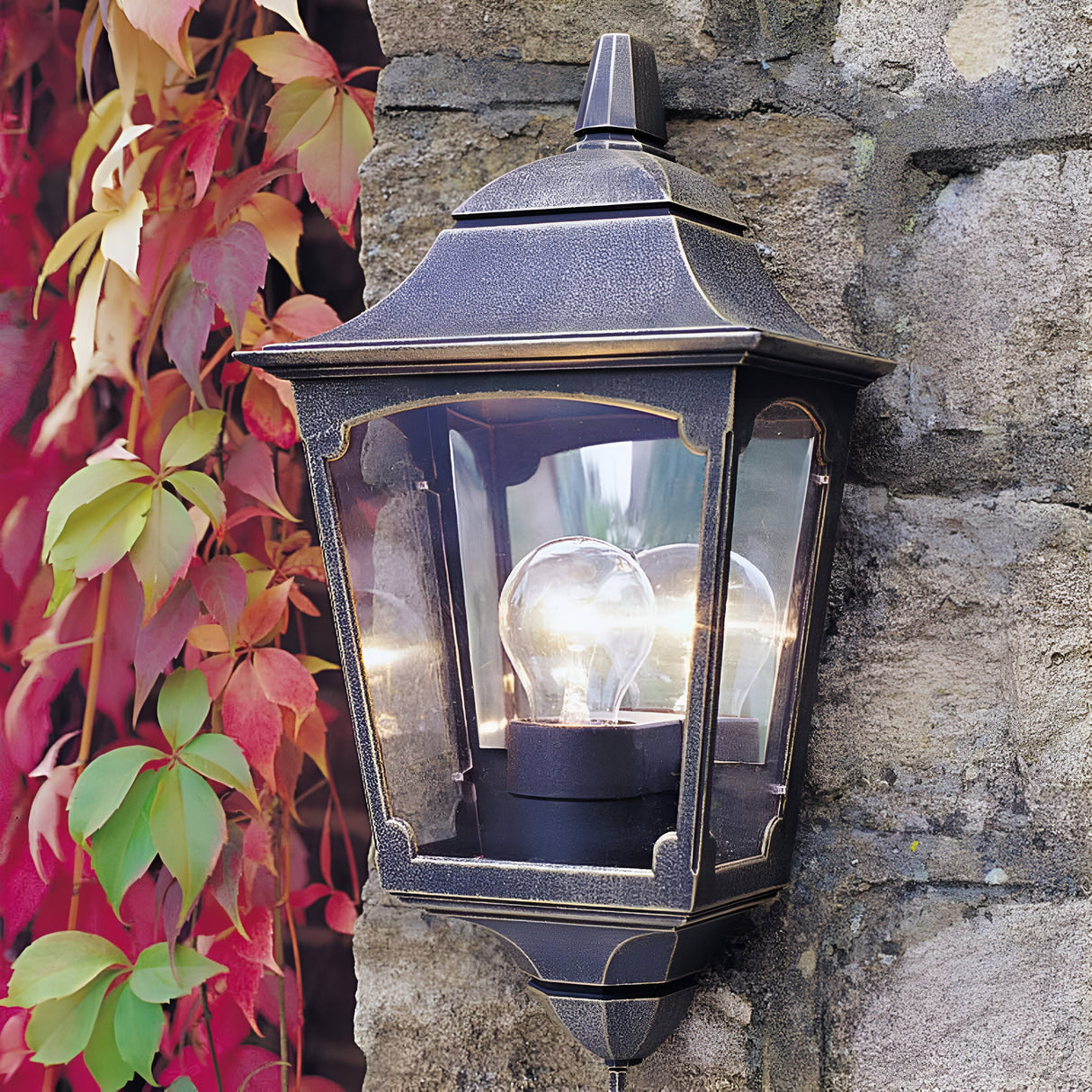 The Chapel-1 1 Light Outdoor Wall Lantern - Black is a vintage-looking die-cast aluminum fixture mounted on a stone wall, surrounded by vibrant red and green climbing leaves. It features a glowing bulb inside and boasts an IP44 rating for durability.