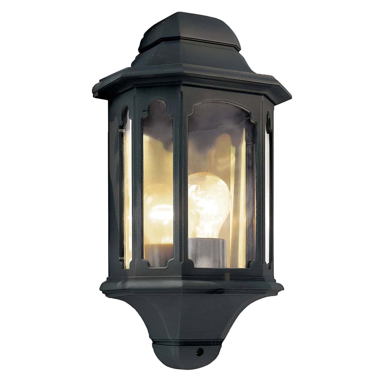 The Chapel-2 1 Light Outdoor Wall Lantern in black, constructed from durable die-cast aluminum, showcases an octagonal design with glass panels. It elegantly holds a single glowing light bulb against a simple white backdrop.