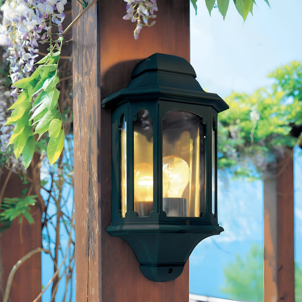 The Chapel-2 1 Light Outdoor Wall Lantern in black, expertly crafted from die-cast aluminum, is mounted on a wooden post, emitting a warm glow. Wisteria vines drape elegantly overhead, set against a serene clear blue sky that perfectly complements this stylish outdoor wall light.