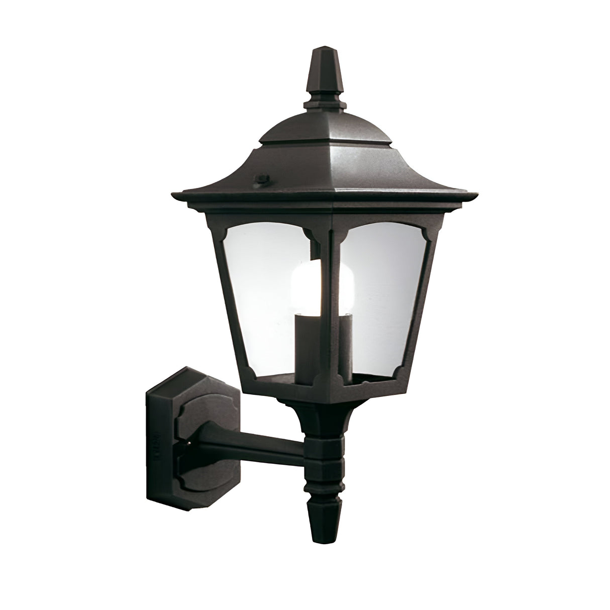 The Chapel 1 Light Outdoor Mini Up Wall Lantern in black, featuring a classic design, is mounted on a square base crafted from die-cast aluminium. It includes a frosted glass enclosure housing a single bulb inside and is set against a white background.