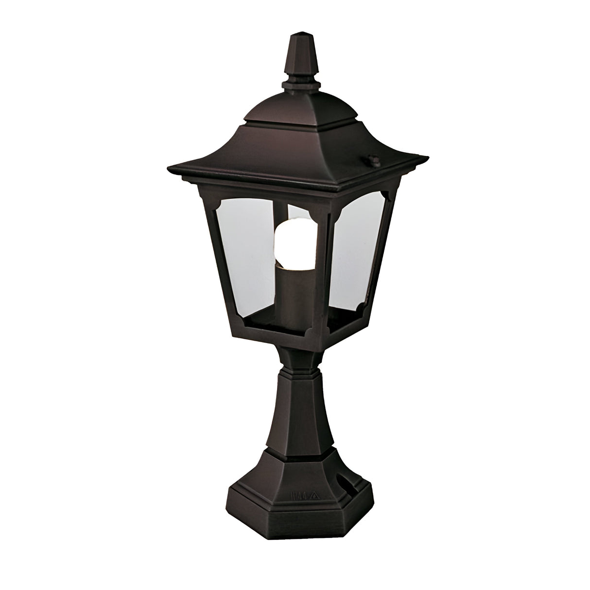 Introducing the Chapel 1 Light Outdoor Mini Pedestal Lantern in black, showcasing a classic design expertly crafted from die-cast aluminum. It boasts a square base and triangular top with transparent panels, ensuring durability with an IP44 rating. This elegant piece is presented against a plain white background.