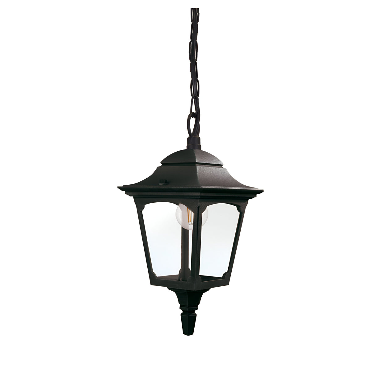 The Chapel 1 Light Outdoor Mini Chain Pendant in black is an elegantly designed outdoor hanging lantern made from die-cast aluminium. It features a clear glass enclosure that reveals a visible bulb, showcasing its traditional design with a peaked top and pointed bottom.
