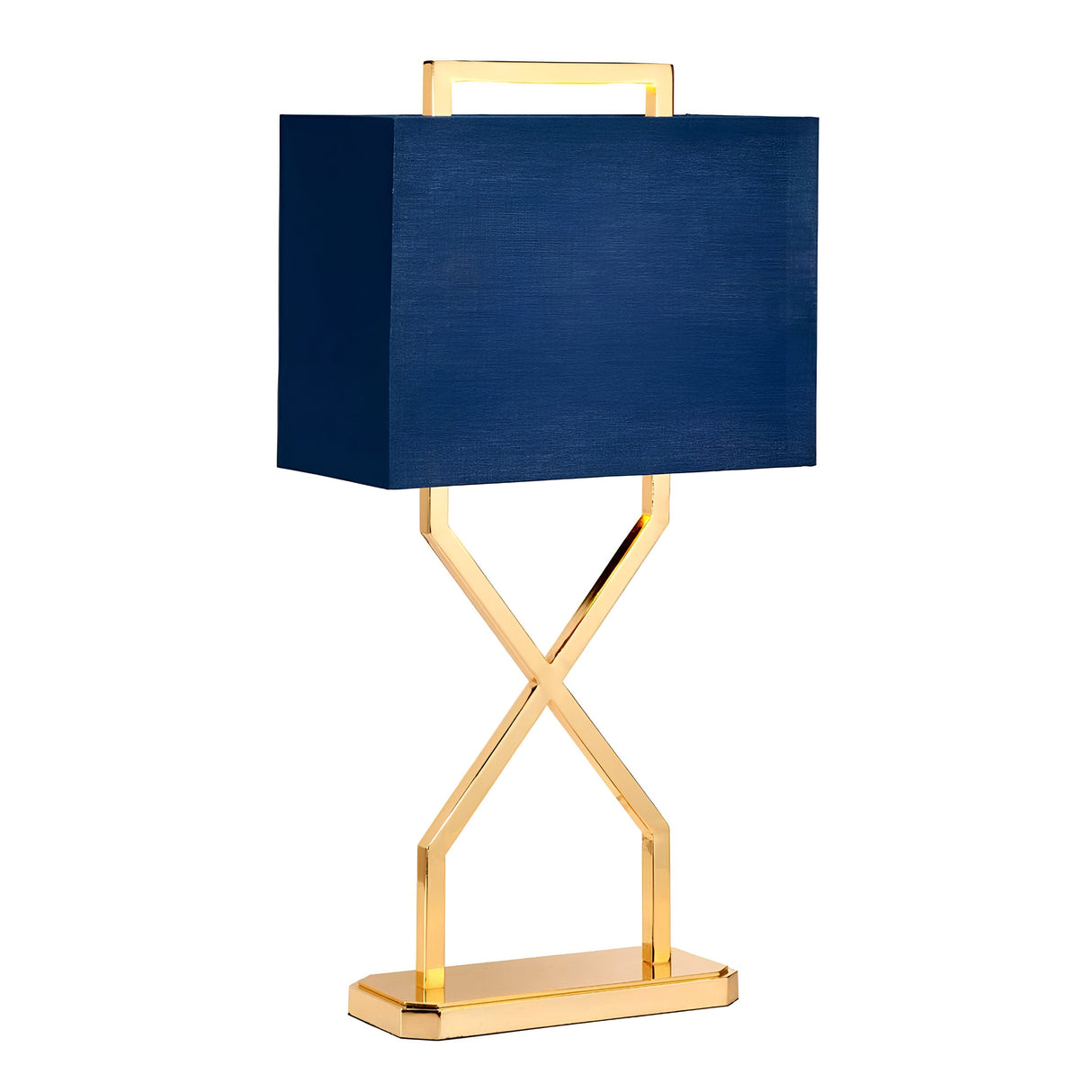The Cross Table Lamp With Blue Shade - Polished Gold boasts a blue oblong shade atop a polished gold crisscross base. Its design expertly combines geometric elements with a sleek metallic finish, providing a contemporary and stylish appearance.