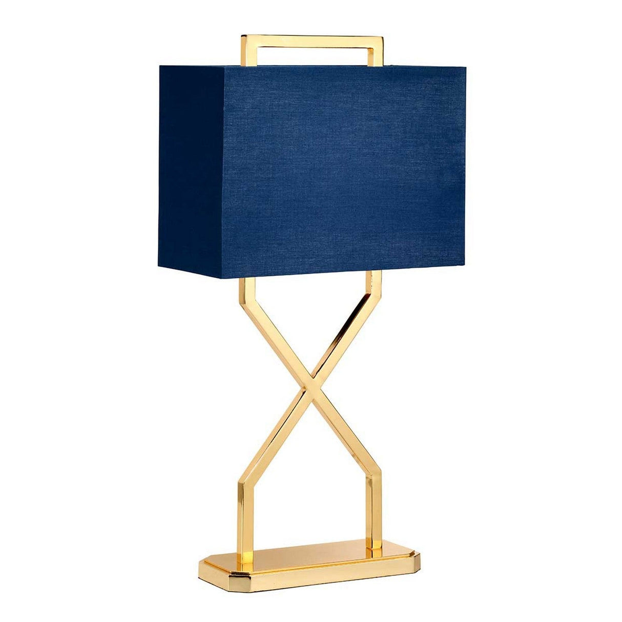 The Cross Table Lamp With Blue Shade - Polished Gold features a sleek, blue oblong shade atop a striking geometric design with a polished gold base, all elegantly showcased against a white background.