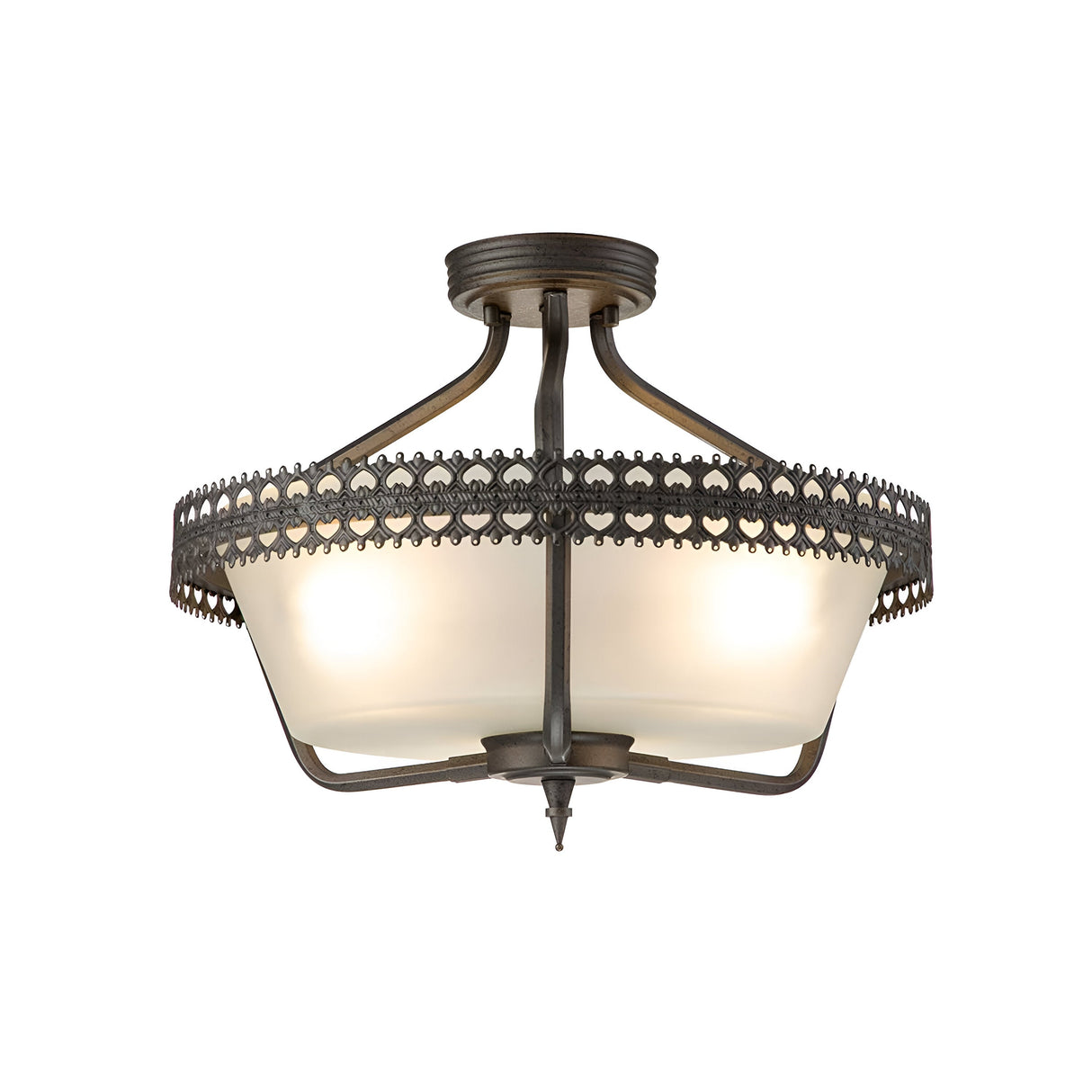 The Crown 3 Light Semi Flush - Graphite is a lighting fixture that combines a frosted glass shade with an intricate metal frame in an antique finish, delivering substantial architectural presence. The frame boasts ornate detailing and embodies a timeless, classic design.