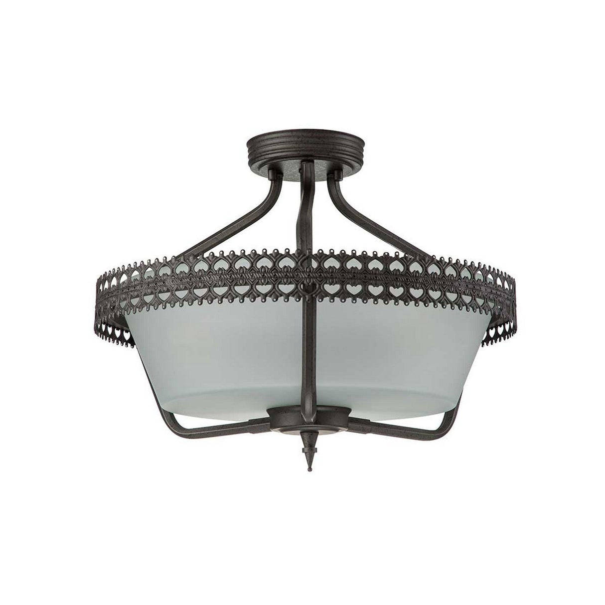 The Crown 3 Light Semi Flush - Graphite is a decorative ceiling fixture boasting intricate black metal detailing and a frosted glass shade. Featuring small loops and shapes, its graphite lighting fixture offers an elegant touch and architectural presence to any space.