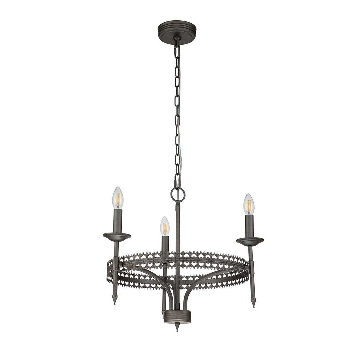 Introducing the Crown 3 Light Chandelier - Graphite: a stunning piece of modern craftsmanship featuring a circular wrought iron frame with decorative cutouts, adorned with three candle-shaped bulbs. It hangs from a chain and showcases a rustic, industrial design.