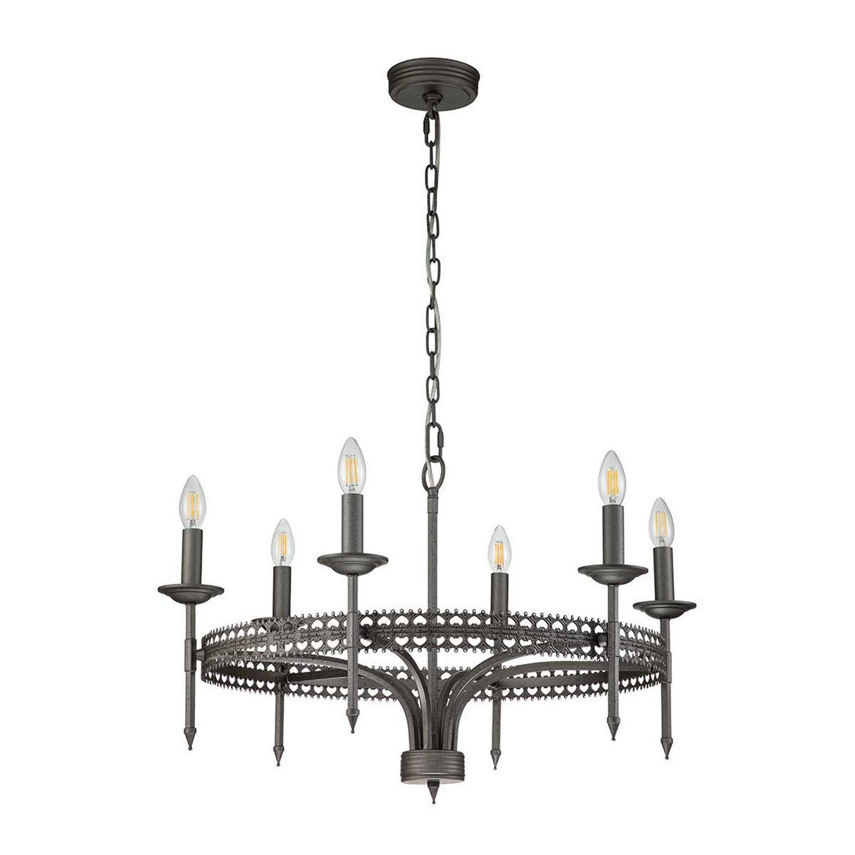 The Crown 6 Light Chandelier - Graphite radiates regal elegance with its circular wrought iron design and six candle-shaped lights. Suspended by a chain, this chandelier highlights ornate detailing around the base of each light holder.
