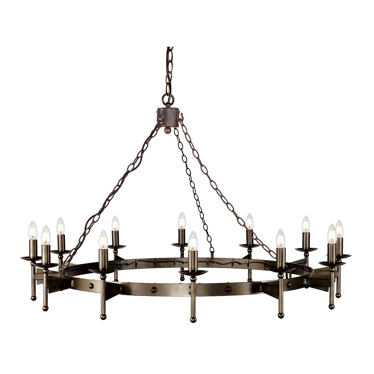 The Cromwell 12 Light Chandelier - Old Bronze is a grand, circular chandelier that exudes medieval charm with 12 candle-like bulbs adorning its handcrafted solid iron frame. Suspended by three chains, it features an old bronze finish that enhances its antique appearance.