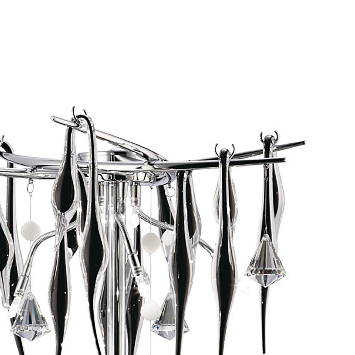 Close-up of the Cygnet 6 Light Crystal Table Lamp in chrome with black glass, featuring sleek metal arms and hanging faceted prisms—an elegant piece to complement luxury lighting or crystal table lamp décor.