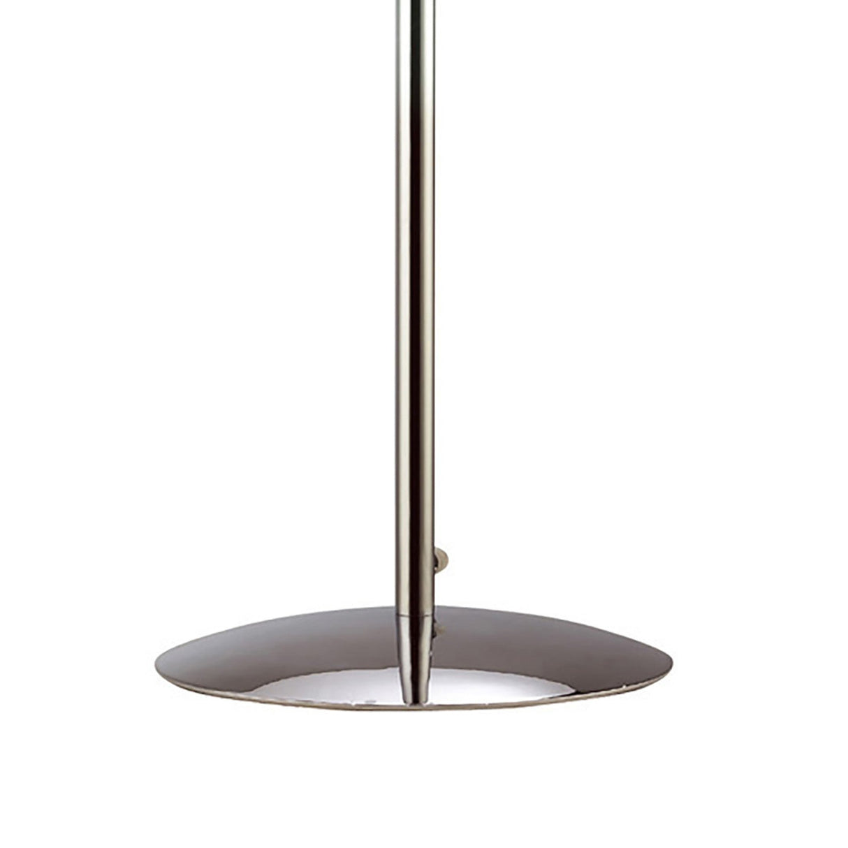 A close-up of the base and lower pole of the Cygnet 6 Light Crystal Table Lamp in chrome with white glass, featuring a shiny, reflective finish and a round base—ideal for adding sculptural lighting to modern spaces.