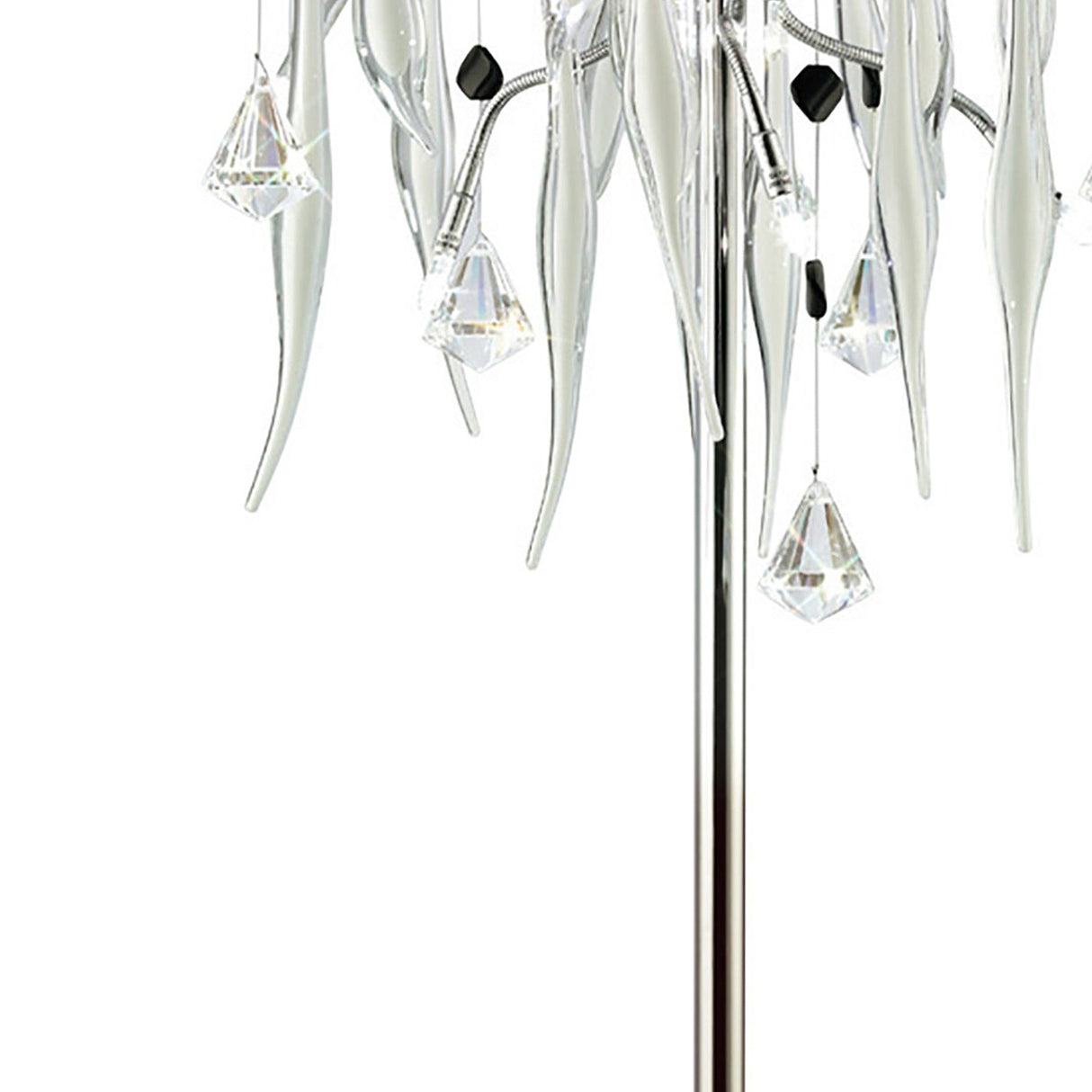 Close-up of the Cygnet 6 Light Crystal Table Lamp in chrome, showcasing white glass elements and crystal drops. This elegant, contemporary design highlights sculptural lighting at its finest.