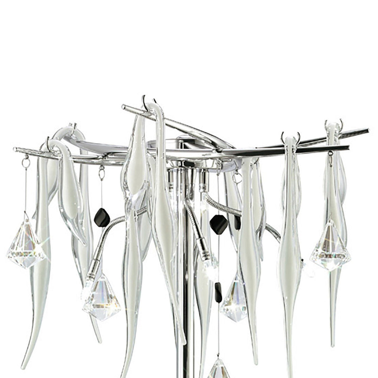 The Cygnet 6 Light Crystal Table Lamp features sleek white glass and chrome with hanging crystal accents, offering sculptural lighting ideal for contemporary interiors.