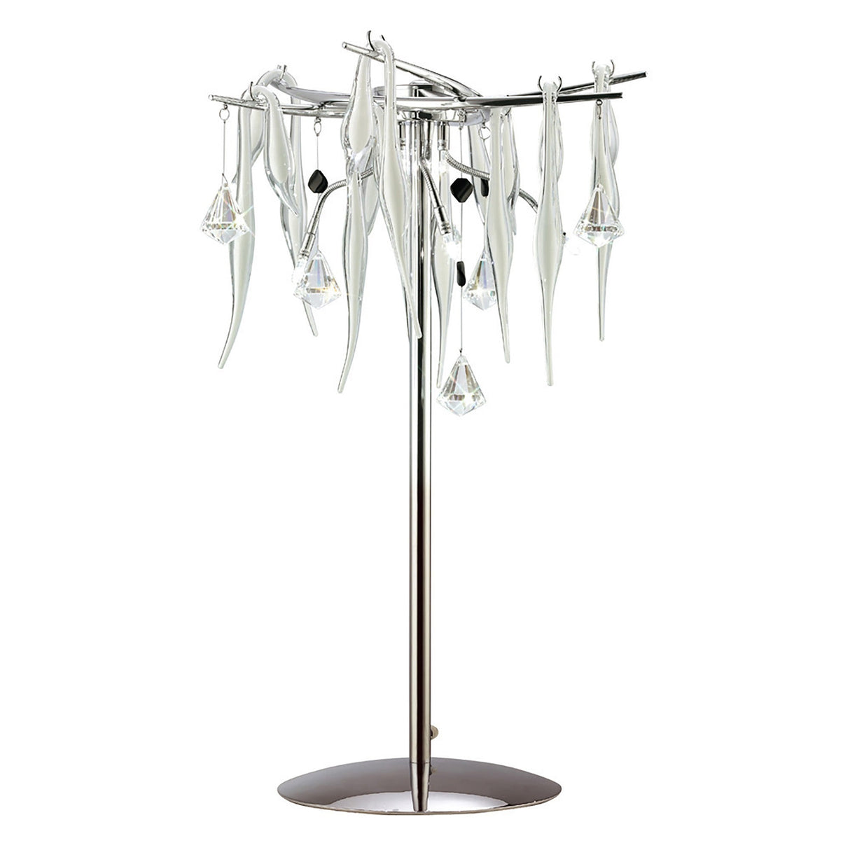 The Cygnet 6 Light Crystal Table Lamp in chrome features a shiny base, hanging white glass drops, and clear crystal accents in an elegant abstract design for stylish, sculptural lighting.