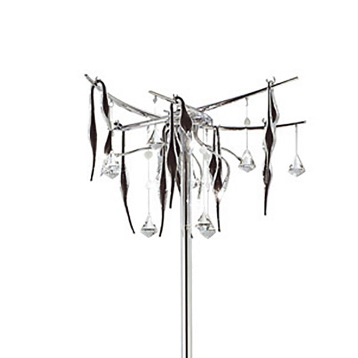 The Cygnet 6 Light Glass & Crystal Floor Lamp in chrome features a sleek pole with multiple metallic branches, each adorned with elongated metal leaves and hanging crystal accents, all set against a white background.