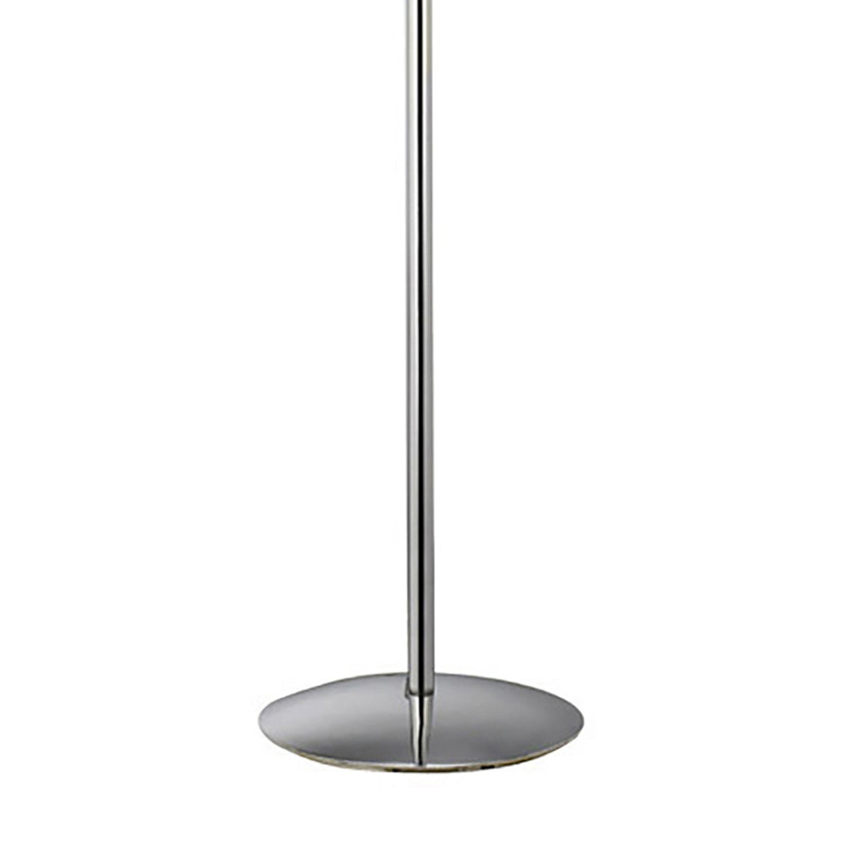 A close-up of the Cygnet 6 Light Glass & Crystal Floor Lamp - Chrome base shows its shiny, flat, circular bottom and upright pole—an elegant feature for any modern lighting scheme, set against a white background.