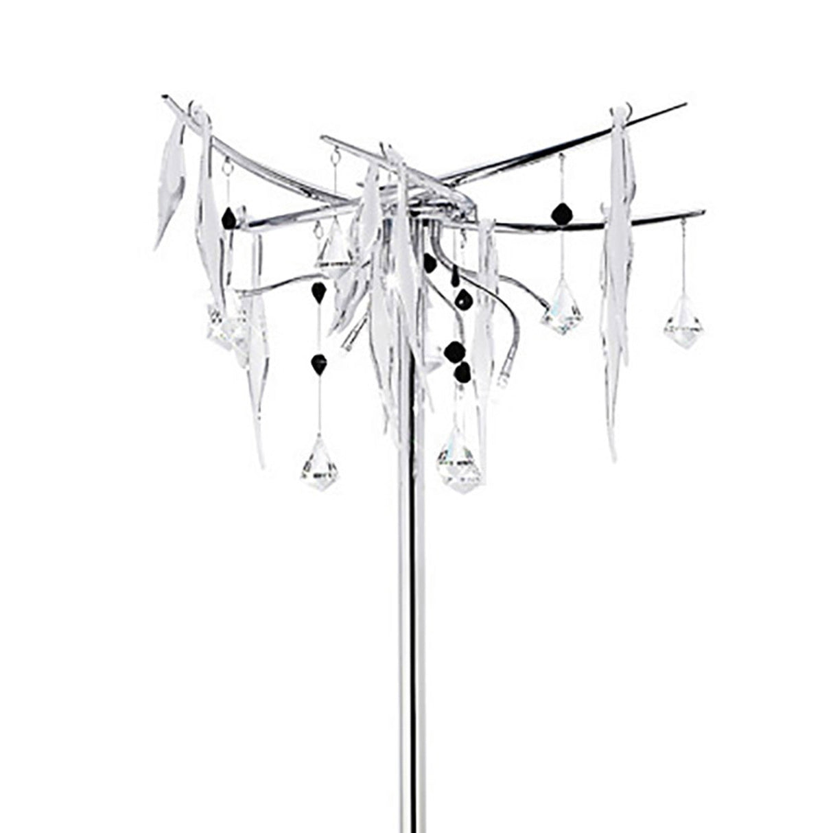 The Cygnet 6 Light Glass & Crystal Floor Lamp - Chrome boasts a sleek chrome stand with curved branches, adorned with glass and crystal accents, creating an elegant and modern artistic statement for any room.