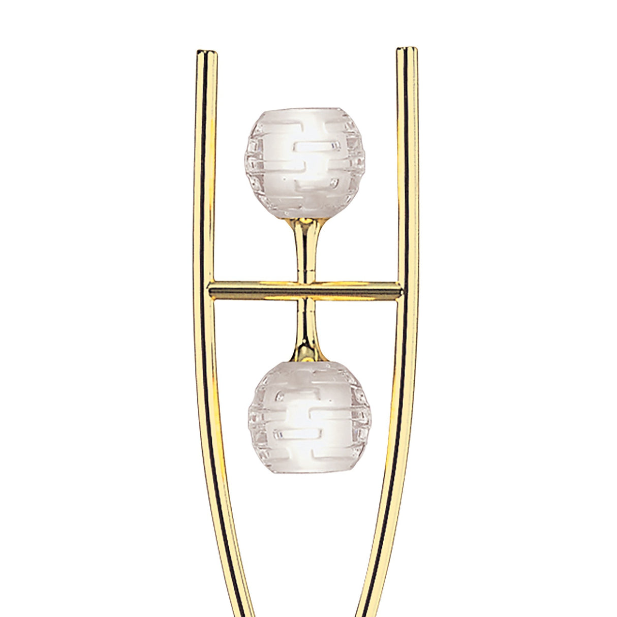 The Dali 2 Light Floor Lamp features a polished brass U-shaped frame holding two frosted, patterned glass or crystal spheres stacked vertically on slim horizontal bars for a modern, minimalist look.