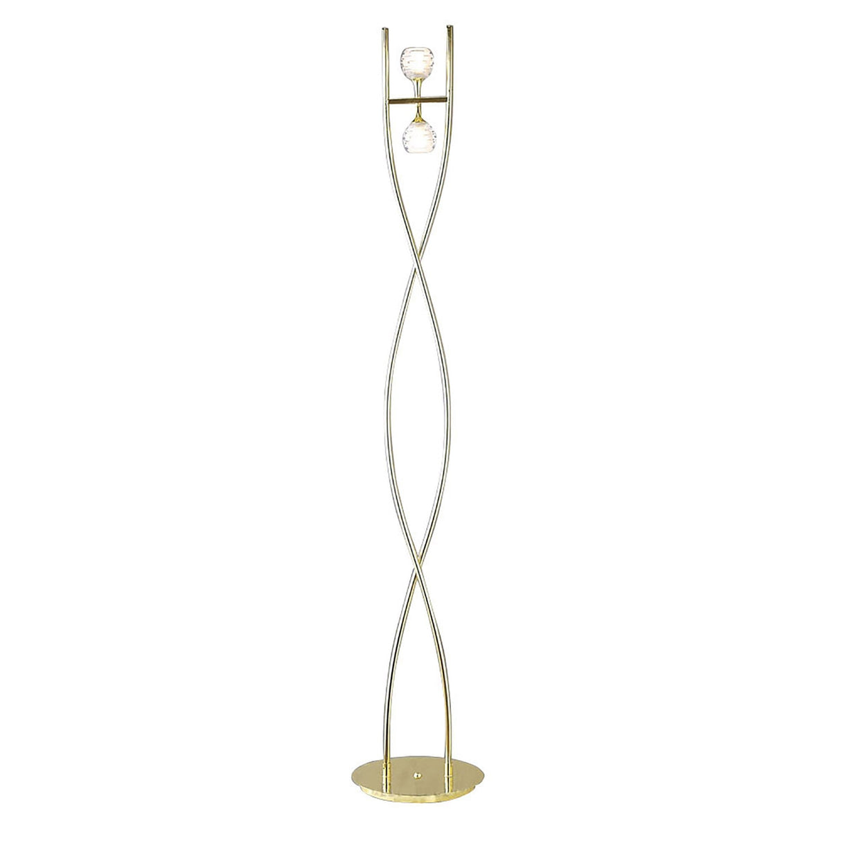 The Dali 2 Light Floor Lamp in polished brass features two curved gold rods twisting upward, each holding a spherical glass shade near the top, all anchored by a sleek, polished brass base.