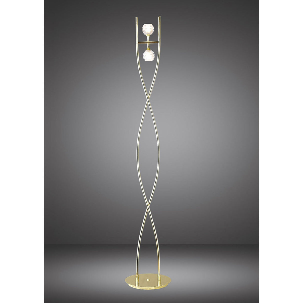 The Dali 2 Light Floor Lamp - Polished Brass features two twisted rods intersecting from a gold base, each holding a spherical white light fixture, strikingly set against a dark gray background.
