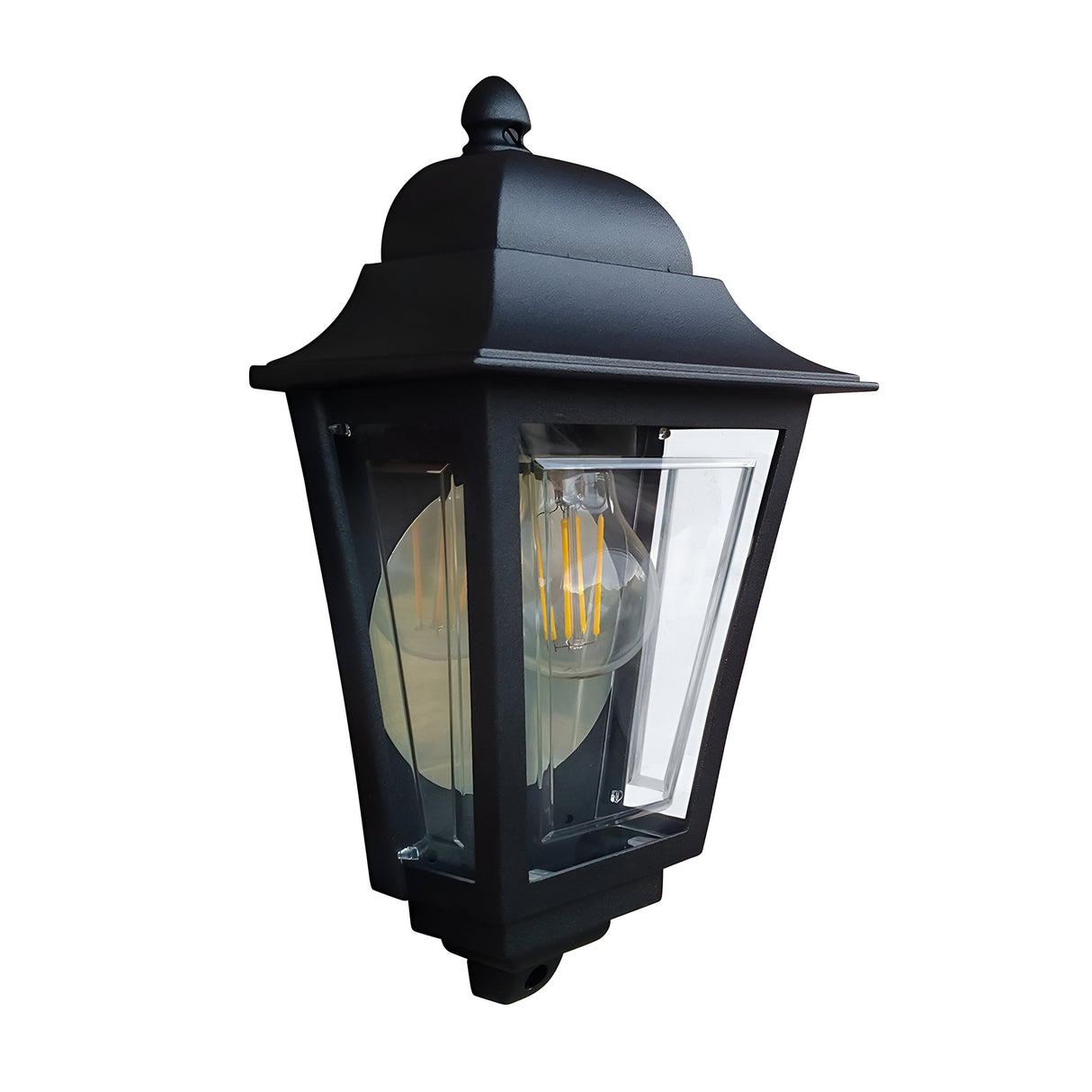 Presenting the Deco Outdoor Wall Lantern in Black, this classic design showcases a transparent glass enclosure with a round Edison-style bulb. Mounted on a sturdy wall bracket, it offers durability and elegance for any setting.