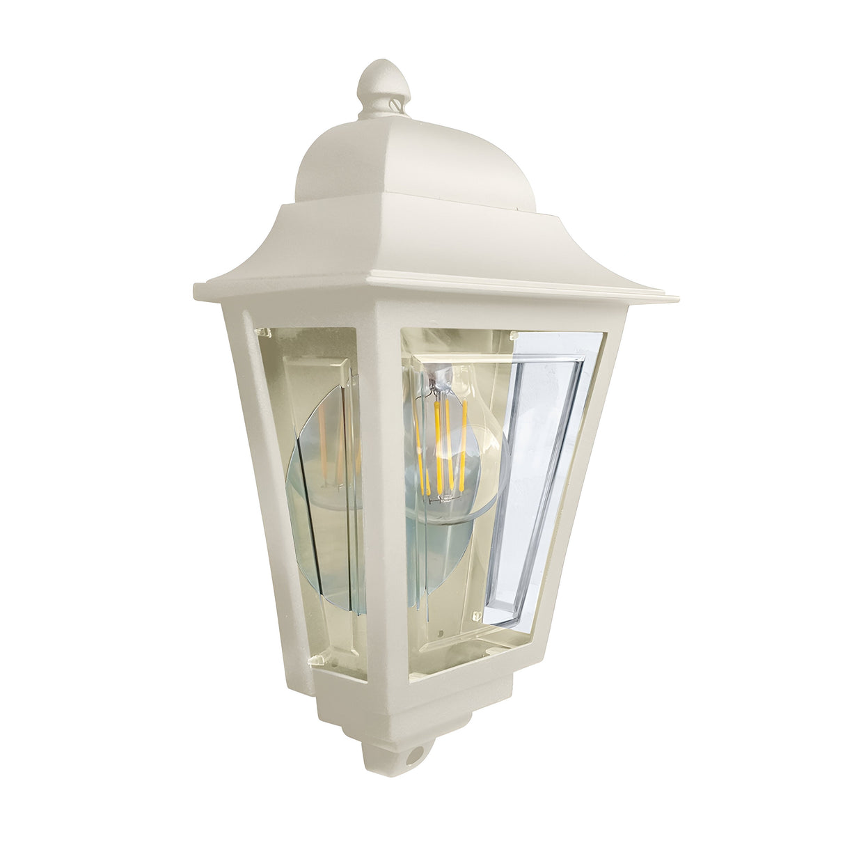 The Deco Outdoor Wall Lantern - Cream boasts a vintage-style design with a cream finish, featuring clear glass panels that beautifully display a filament bulb inside. This piece effortlessly blends classic charm with a modern lantern aesthetic against a white background.