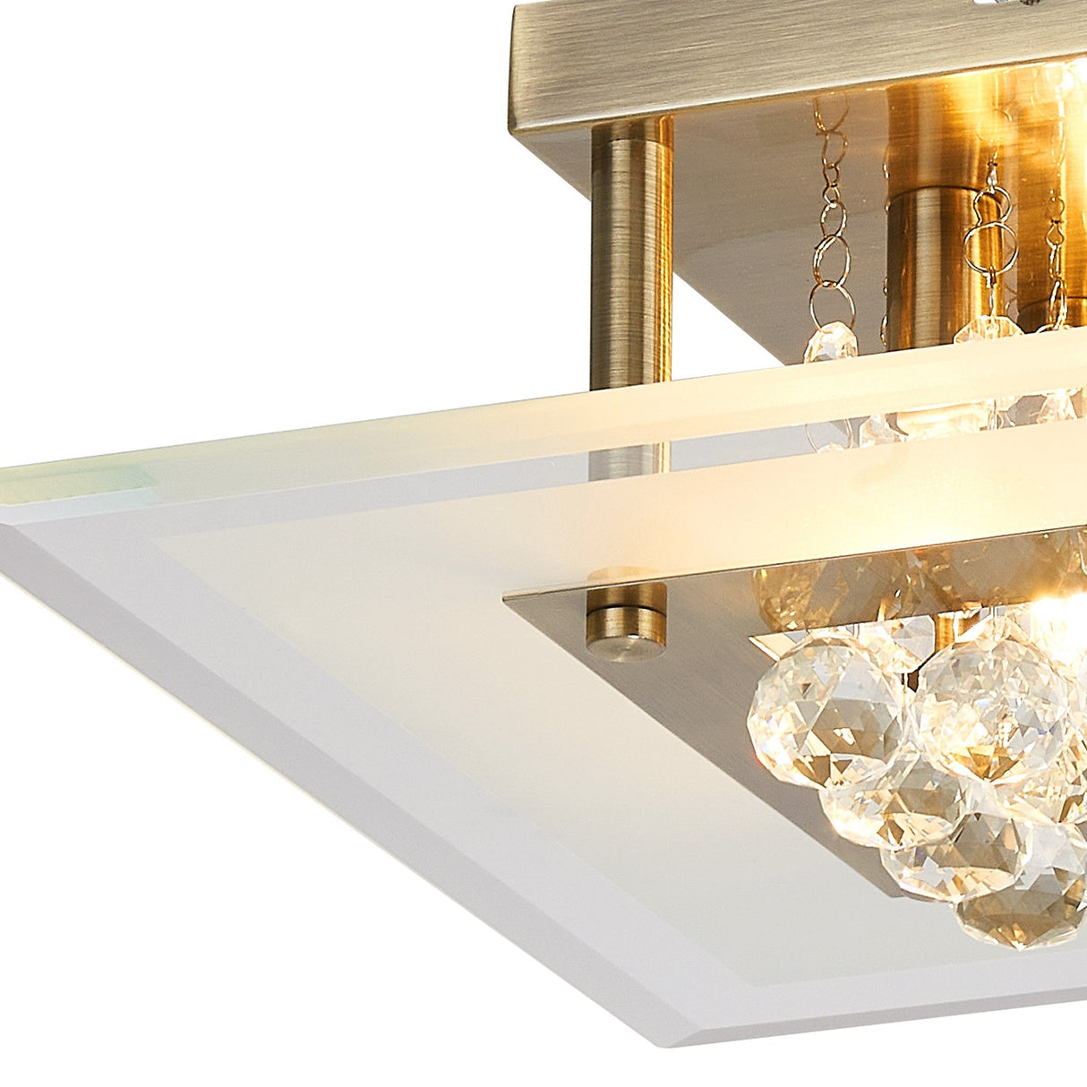 Delmar 4 Light Square Glass/Crystal Flush Ceiling Light - Antique Brass