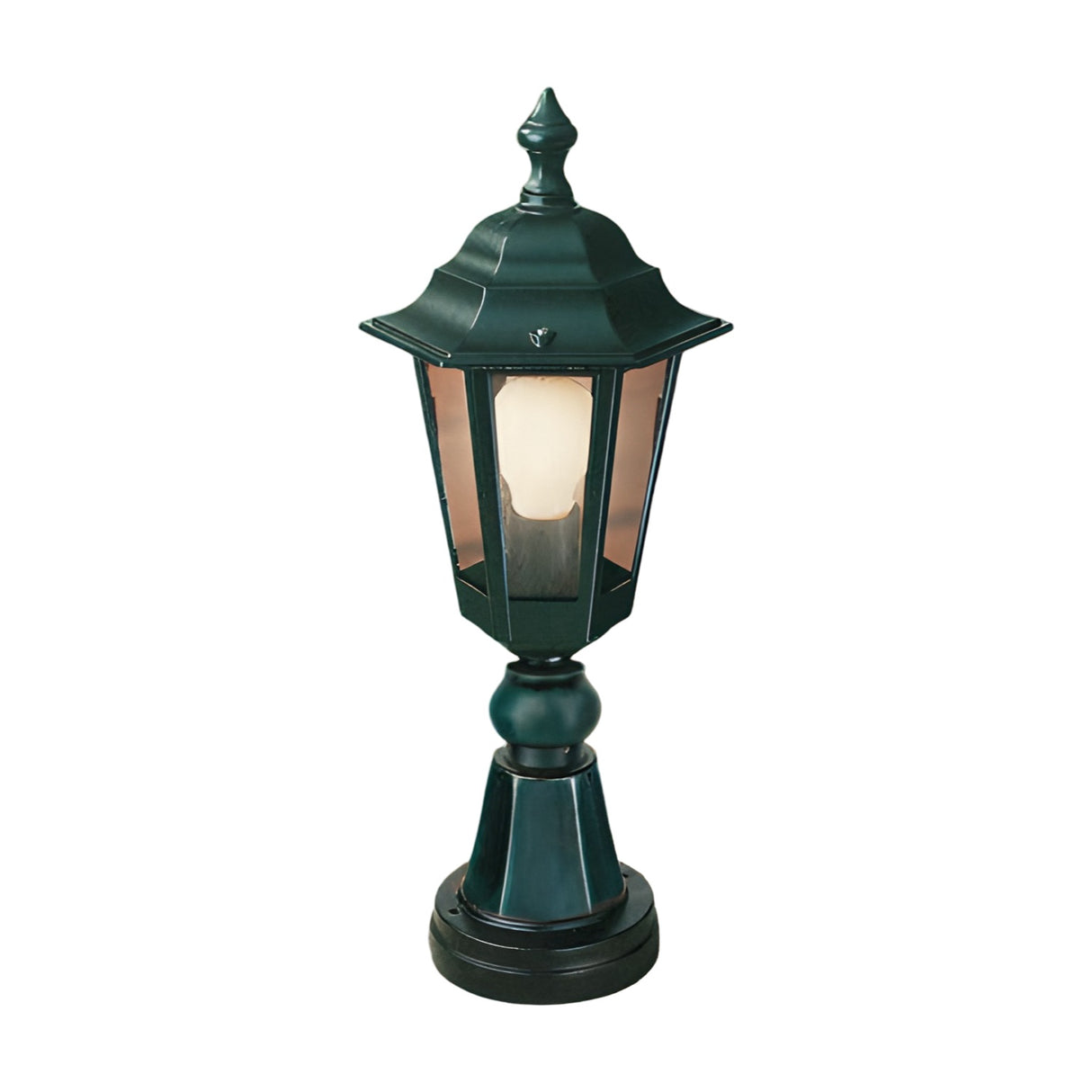 Dentil cast aluminium outdoor bollard light in green, 46cm, with two-tiered lantern roof, glass panes, and pedestal base on a plain white background.