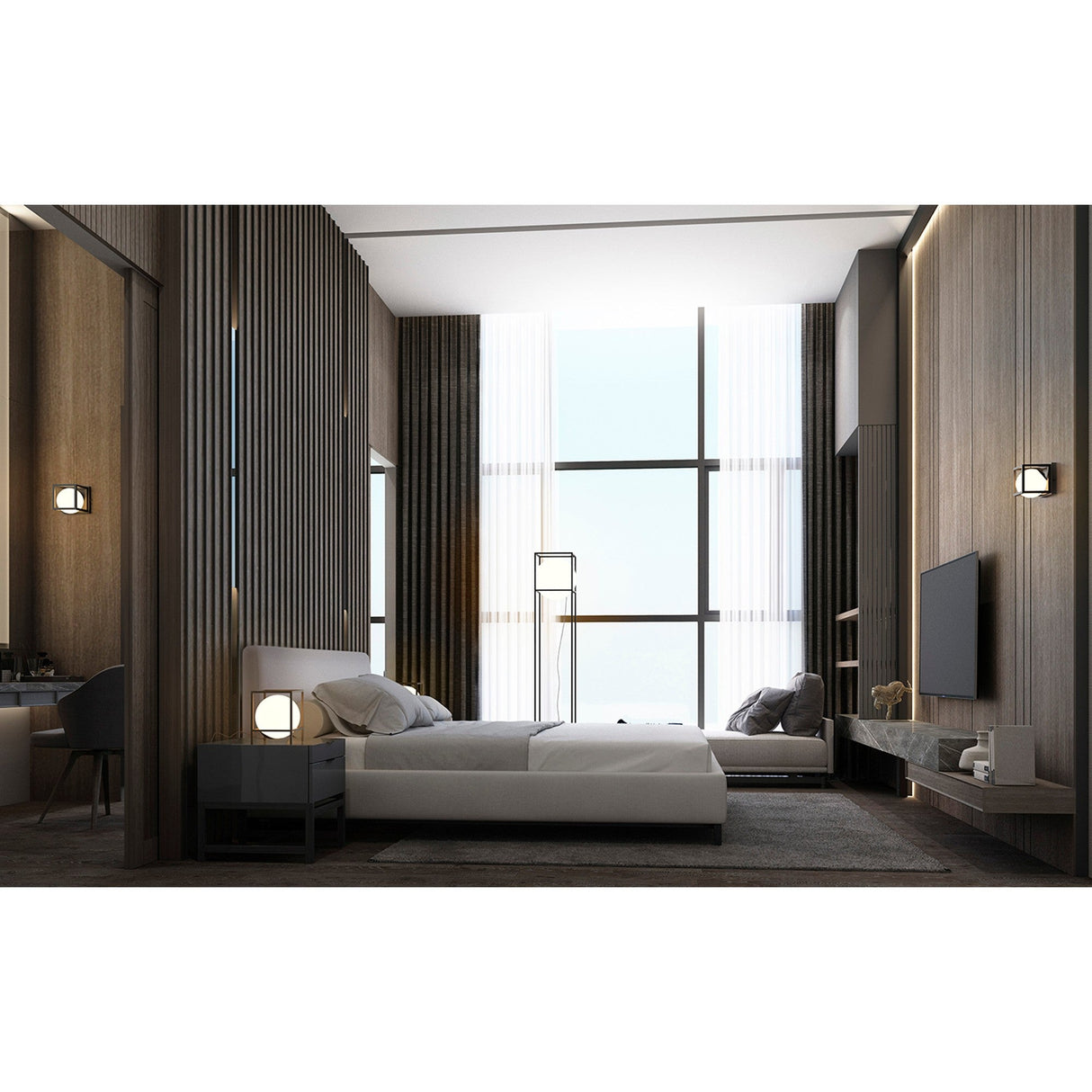A modern bedroom with floor-to-ceiling windows, wood-paneled walls, minimal furniture, a low bed with white bedding, nightstands, a wall-mounted TV, and the Desigual Large 1 Light Floor Lamp in Matt Black casting ambient light throughout.