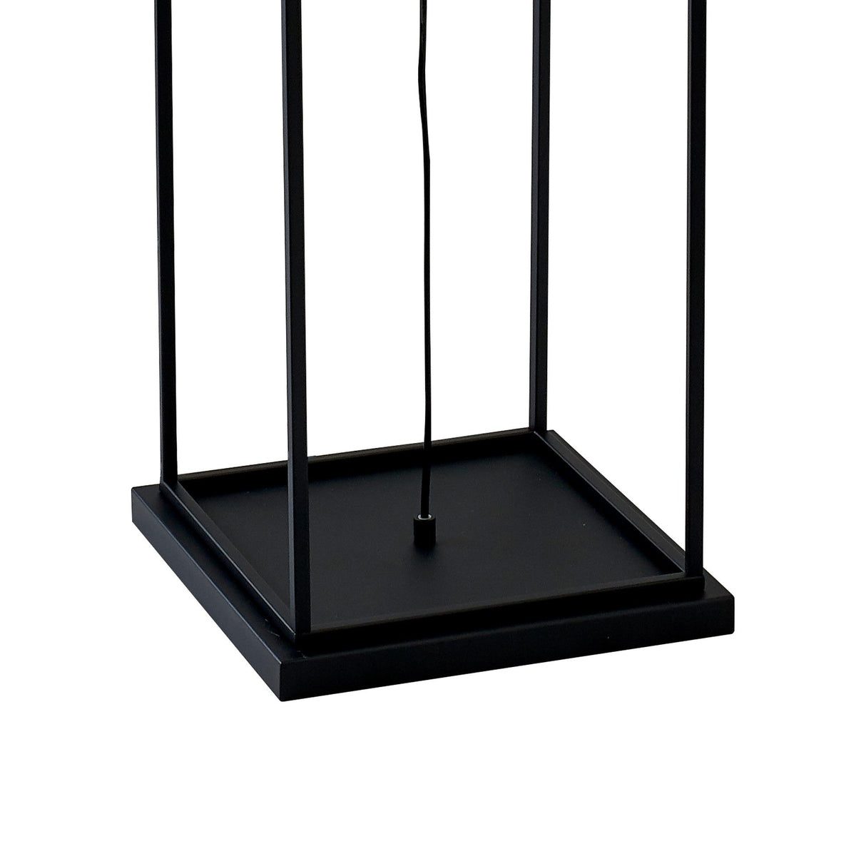 Close-up of the Desigual Large 1 Light Floor Lamp in matt black, featuring a minimalist square metal base with four vertical rods and a central black cord—ideal for modern ambient lighting.