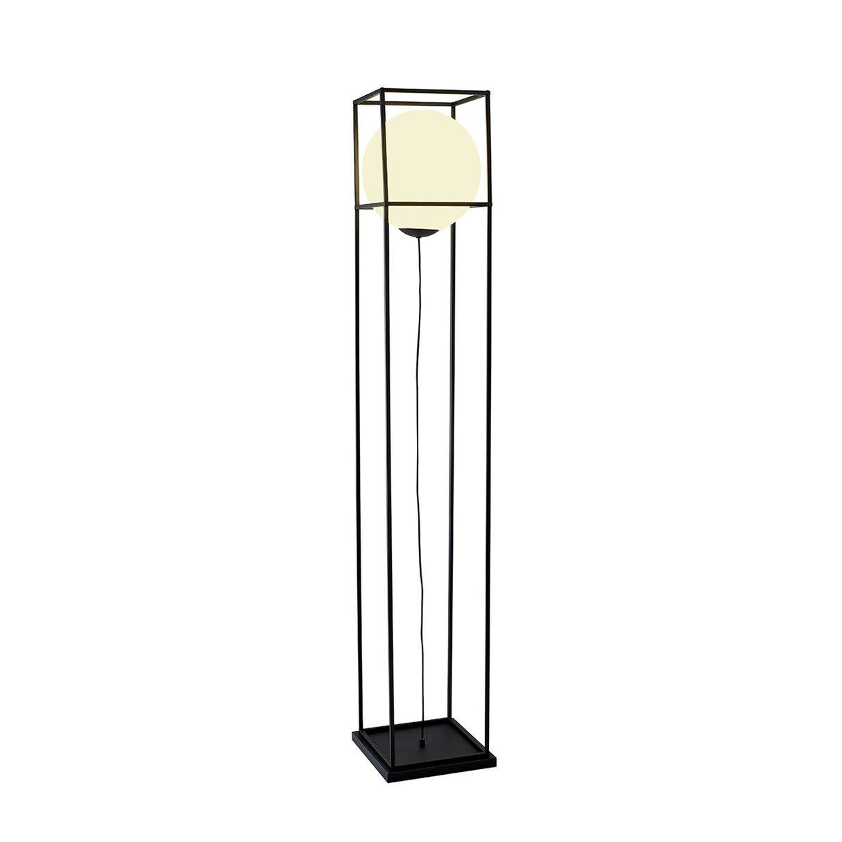 The Desigual Large 1 Light Floor Lamp in matt black features a modern square metal frame, a central suspended round white bulb, and a visible cord, adding contemporary minimalism and ambient lighting to any space.