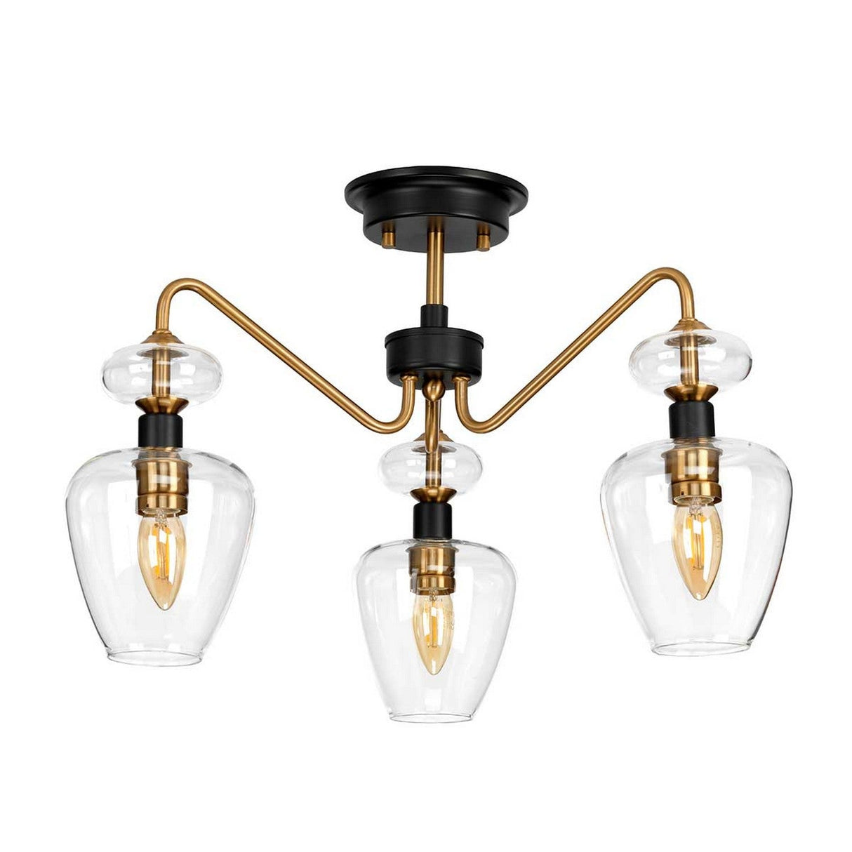 Introducing the Armand 3 Light Pendant Semi-Flush - Aged Brass Plated & Charcoal Black Paint: a modern ceiling fixture combining aged brass plated arms with charcoal black accents and clear glass shades, elegantly showcasing exposed bulbs. This design artfully merges industrial and contemporary styles, adding a sophisticated touch to any space.