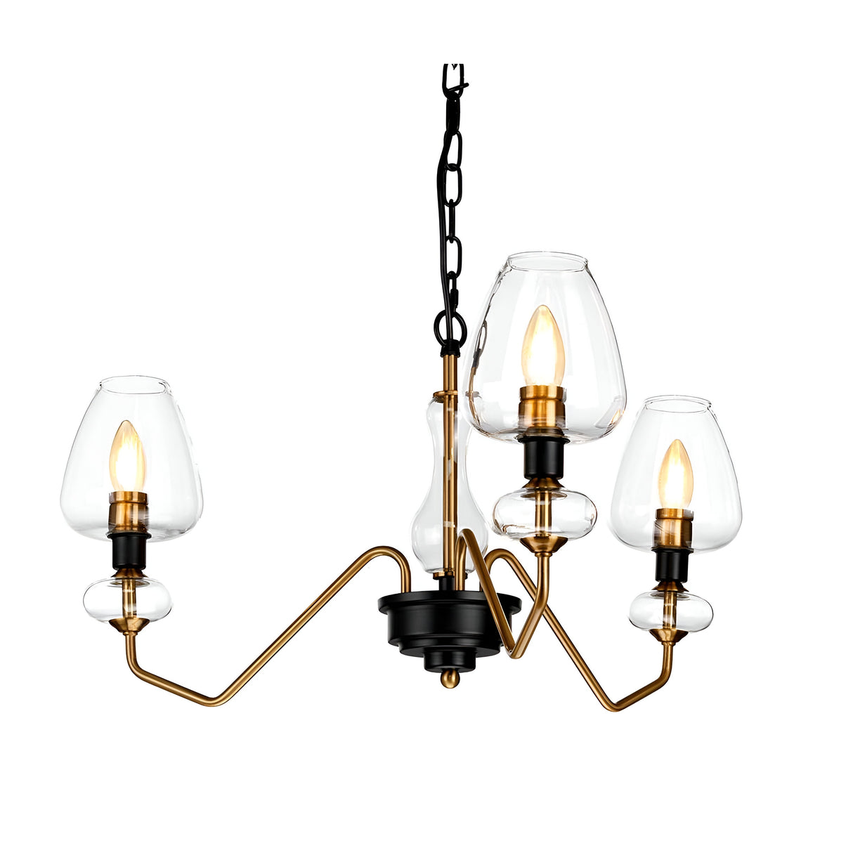 The Armand 3 Light Chandelier, featuring aged brass plated, sleek curved metal arms and charcoal black paint, boasts a contemporary design with three exposed light bulbs encased in clear glass shades. It is suspended by a black chain against a white background.